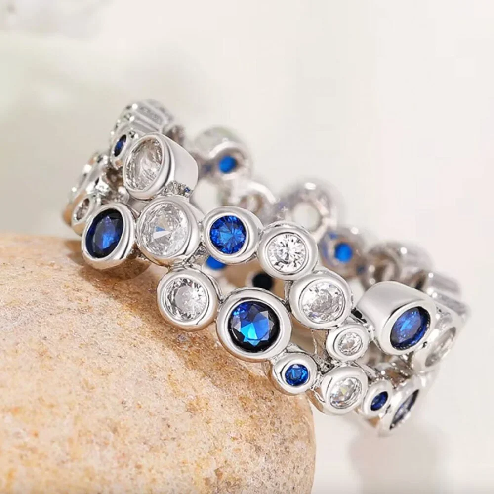 NEW 18k White Gold Sapphire Diamond Ring Band - Picture 6 of 7